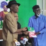LP National Chairman Julius Abure presenting nomination forms to George Moghalu ahead of party primary for Anambra State
