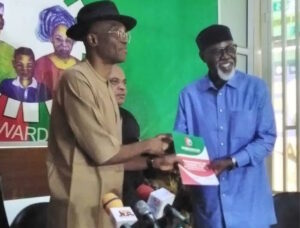 LP National Chairman Julius Abure presenting nomination forms to George Moghalu ahead of party primary for Anambra State