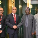 President Bola Tinubu with Chairman Airtel, Sunil Mittal; Chief Executive Officer Airtel, Dinesh Balsingh and the Chief of Staff, Femi Gbajabiamila at the Presidential Villa, Abuja on Thursday