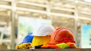 Close,Up,Blue,,Yellow,,White,And,Red,Hard,Safety,Helmet
