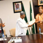 Senator representing Kaduna South,  Sunday Katung;  Governor of Kaduna State, Uba Sani  and Vice President Kashim Shettima during the Signing ceremony and handover of landed property to the Federal Government by the EFCC for the takeoff of the Federal Univsersity of Applied Sciences, Southern Kaduna at the Presidential Villa in Abuja on Tuesday (11/02/2025)