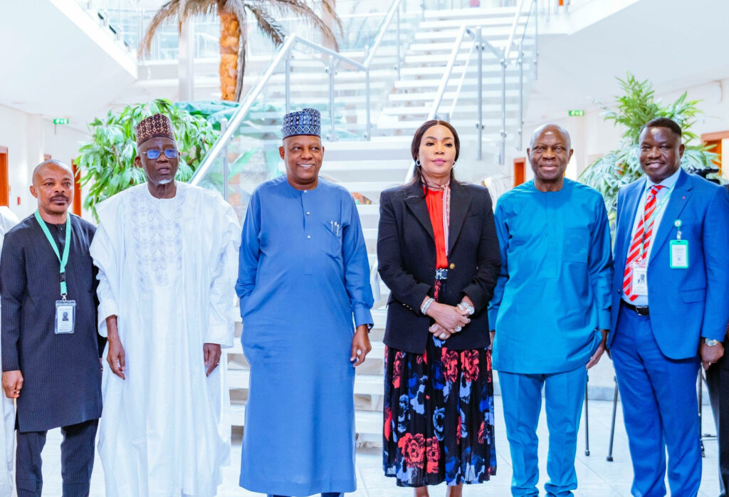 Vice President Kashim Shettima (m); Minister of State for Labour and Employment, Nkeiruka Onyejeocha (3rd from right); Director-General, International Labour Organisation (ILO), Gilbert Houngbo (2nd from right); 1st National Deputy President of the Trade Union Congress, Tommy Etim-Okon (far right); Minister of Labour and Employment, Muhammad Maigari Dingyadi (2nd from left) and President of the Nigeria Labour Congress, Joe Ajaero (far left) during a courtesy visit to the Vice President by the ILO DG at the Presidential Villa in Abuja on Thursday (13/02/2025)