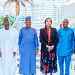 Vice President Kashim Shettima (m); Minister of State for Labour and Employment, Nkeiruka Onyejeocha (3rd from right); Director-General, International Labour Organisation (ILO), Gilbert Houngbo (2nd from right); 1st National Deputy President of the Trade Union Congress, Tommy Etim-Okon (far right); Minister of Labour and Employment, Muhammad Maigari Dingyadi (2nd from left) and President of the Nigeria Labour Congress, Joe Ajaero (far left) during a courtesy visit to the Vice President by the ILO DG at the Presidential Villa in Abuja on Thursday (13/02/2025)