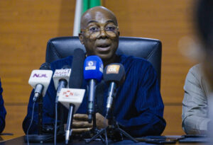 NMDPRA Executive Director for Distribution Systems, Storage, and Retailing Infrastructure, Ogbugo Ukoha, address the press in Abuja