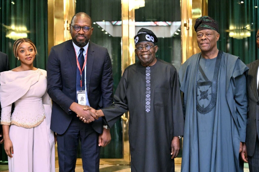 President Bola Tinubu, Minister for Finance and Coordinating Minister of the Economy, Wale Edun, Chief Executive Officer Flutterwave, Olugbenga Agoola and CEO Alami Capital, Olu Seun Olufemi-White, after a  Meeting at the Presidential Villa Abuja on Saturday 22/ 02/2025