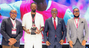 L-R: Chief Executive Officer, Lagos State Lotteries and Gaming Authority (LSLGA), Mr. Bashir Are; Togolese ex-international footballer, Emmanuel Adebayor; Governor of Lagos State, Mr. Babajide Sanwo-Olu and Nigeria’s ex-international, Austin ‘Jay-Jay’ Okocha during LSLGA 2nd Africa Gaming Expo (AGE Lagos 2025) themed, “Lagos at the Heart of Entertainment and Gaming: A Pathway to Economic Sustainability”, held at the Eko Hotels and Suites, Victoria Island in Lagos, on Tuesday, 25 February 2025