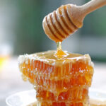 Honey dipper and honeycomb on table