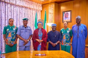 L-R Captain of the NCS Volleyball team, ASC Helen Umeh, CG of NCS Wale Adeniyi, First Lady of Nigeria Oluremi Tinubu, DG Sports Commission Bukola Olapade, Assistant Captain of NCS Volleyball team, ASC Francisca Ikhiede and the President of Nigeria Volleyball federation, Musa Nimrod during a visit to the First Lady to invite her as Grand Patron of the 2025 African Women’s Volleyball Championship on Friday 14th March 2025 at the State House Abuja