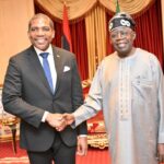 Bola Tinubu (right) in an audience with Prime Minister of Saint Kitts and Nevi, Terrance Michael Drew at the Presidential Villa Abuja on Saturday.
