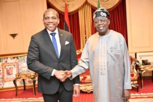 Bola Tinubu (right) in an audience with Prime Minister of Saint Kitts and Nevi, Terrance Michael Drew at the Presidential Villa Abuja on Saturday.