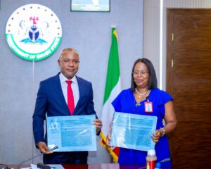 Enugu Governor Peter Mbah (L) with Chief of Field Office, UNICEF Enugu, Mrs. Juliet Chiluwe (R)