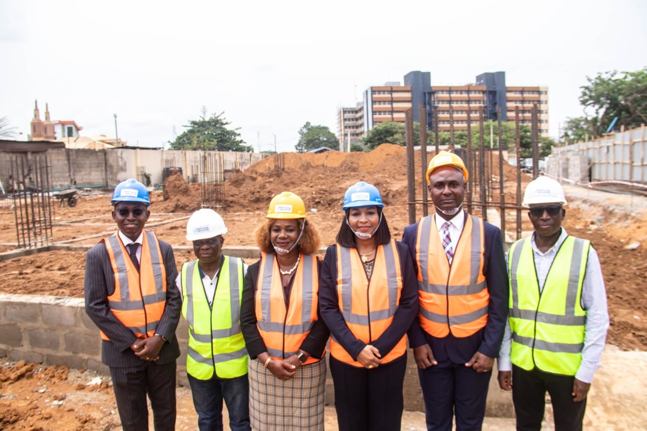 L-R: Registrar/CEO of (ICSAN); Mr. Babatunde Oladipo Okuneye; Chairman, Fortuna Engineering Ltd, Mr. Pade Ayoola; Vice President of ICSAN, Mrs. Uto Ukpanah; President of ICSAN, Mrs. Funmi Ekundayo; Hon. Treasurer of ICSAN, Mr. Francis Olawale; and MD, Fortuna Engineering Ltd, Bldr. Banji Ayoola, at the Foundation Laying Ceremony held in Lagos