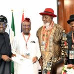 L-R: President Bola Tinubu; Co-Chairman, Board of Trustees, PANDEF, Obong (Arch), Victor Attah; Chairman Board of Trustees (PANDEF), King Alfred Diete-Spiff, and National Chairman, PANDEF, Godknows Igali, during the President’s Audience with the Leaders of the PAN Niger Delta Forum (PANDEF), at the State House, Abuja, Tuesday