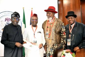 L-R: President Bola Tinubu; Co-Chairman, Board of Trustees, PANDEF, Obong (Arch), Victor Attah; Chairman Board of Trustees (PANDEF), King Alfred Diete-Spiff, and National Chairman, PANDEF, Godknows Igali, during the President’s Audience with the Leaders of the PAN Niger Delta Forum (PANDEF), at the State House, Abuja, Tuesday