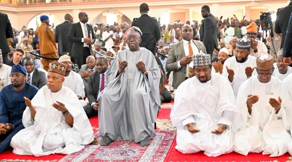 From left: President son’s, Yinka Tinubu; Vice President Kashim Shettima; President Bola Tinubu; Deputy Senate President, Jubril Barau and National Security Adviser, Nuhu Ribadu during the Jumat prayer to Mark President Tinubu’s 73rd birthday at the National Mosque Abuja on Friday