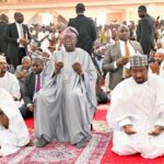 From left: President son’s, Yinka Tinubu; Vice President Kashim Shettima; President Bola Tinubu; Deputy Senate President, Jubril Barau and National Security Adviser, Nuhu Ribadu during the Jumat prayer to Mark President Tinubu’s 73rd birthday at the National Mosque Abuja on Friday