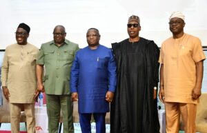 From left, Director General, international Institute of Tropical Agriculture, Dr Simeon Ehui; Plateau State Governor, Caleb Mutfwang; President of Sierra Leone, Dr Julius Maada Bio; Borno State Governor, Prof Babagana Umara Zulum and the Chief Host, Oyo State Governor, Seyi Makinde, during the day two of conference on the power of improved technologies and public-private partnerships to accelerate the feed salone strategy held at International Institute for Tropical Agriculture (IITA), Ibadan, on Wednesday. PHOTO: Oyo Gov’s Media Unit.