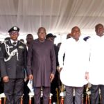 L-R: Senator representing Bayelsa West, Chief Seriake Dickson, Deputy Inspector General of Police (South-South), Basil Idegwu, former President Goodluck Jonathan, Bayelsa State Governor, Senator Douye Diri, Mr. Macwen Jitoboh, and widow of late Deputy Inspector General of Police, Moses Jitoboh, Barbara, during her husband’s funeral at Trofani community, Sagbama Local Government Area of Bayelsa State on Saturday.  Photo: Bayelsa State Government House