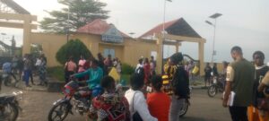 Students protesting at the gate of Akwa Ibom state Polytechnic ,Ikot Osurua on Monday