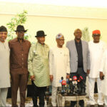 L-R: Minority Whip in the 9th Senate, Philip Aduda, Allwell Onyeso, Ryan Hon. Chibudom Nwuche, Hon. Kingsley Chinda, FCT Minister, Nyesom Wike, Minister of State for Petroleum, Heineken Lokpobiri, Mao Ohuambuwa and Sandy Onoh following the Supreme Court verdict in the Rivers State crisis on Friday in Abuja