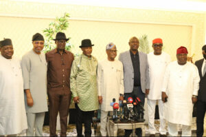 L-R: Minority Whip in the 9th Senate, Philip Aduda, Allwell Onyeso, Ryan Hon. Chibudom Nwuche, Hon. Kingsley Chinda, FCT Minister, Nyesom Wike, Minister of State for Petroleum, Heineken Lokpobiri, Mao Ohuambuwa and Sandy Onoh following the Supreme Court verdict in the Rivers State crisis on Friday in Abuja