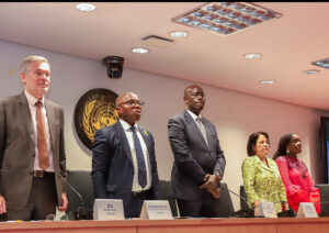 L-R: Head of European Union Delegation to Nigeria and ECOWAS, Gautier Mignot, permanent secretary of Ministry of Budget and Economic Planning, Vatalis Obi (representative of the minister), UN Resident and Humanitarian Coordinator Mohamed Fall, UNICEF’s country representative, Cristian Munduate and  ILO Country Director, Vanessa Phala, at the launch of Supporting Sustainable Social Protection Systems in Nigeria” (SUSI) project