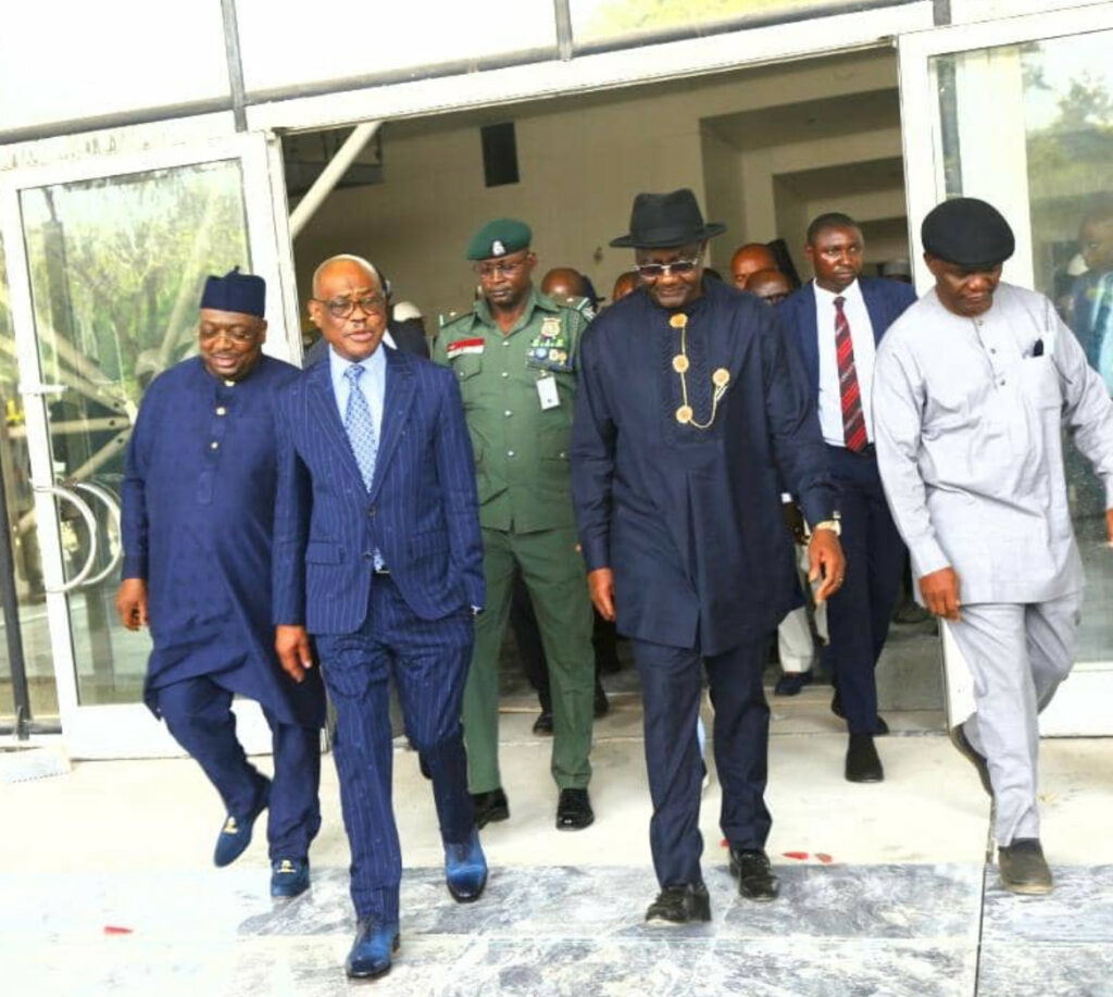L-R: Philip Aduda, FCT Minister Nyesom Wike,  Magnus Abe and Ag ES, FCDA, Richard Dauda during the inspection of renovation works at the International Conference centre Abuja on Wednesday