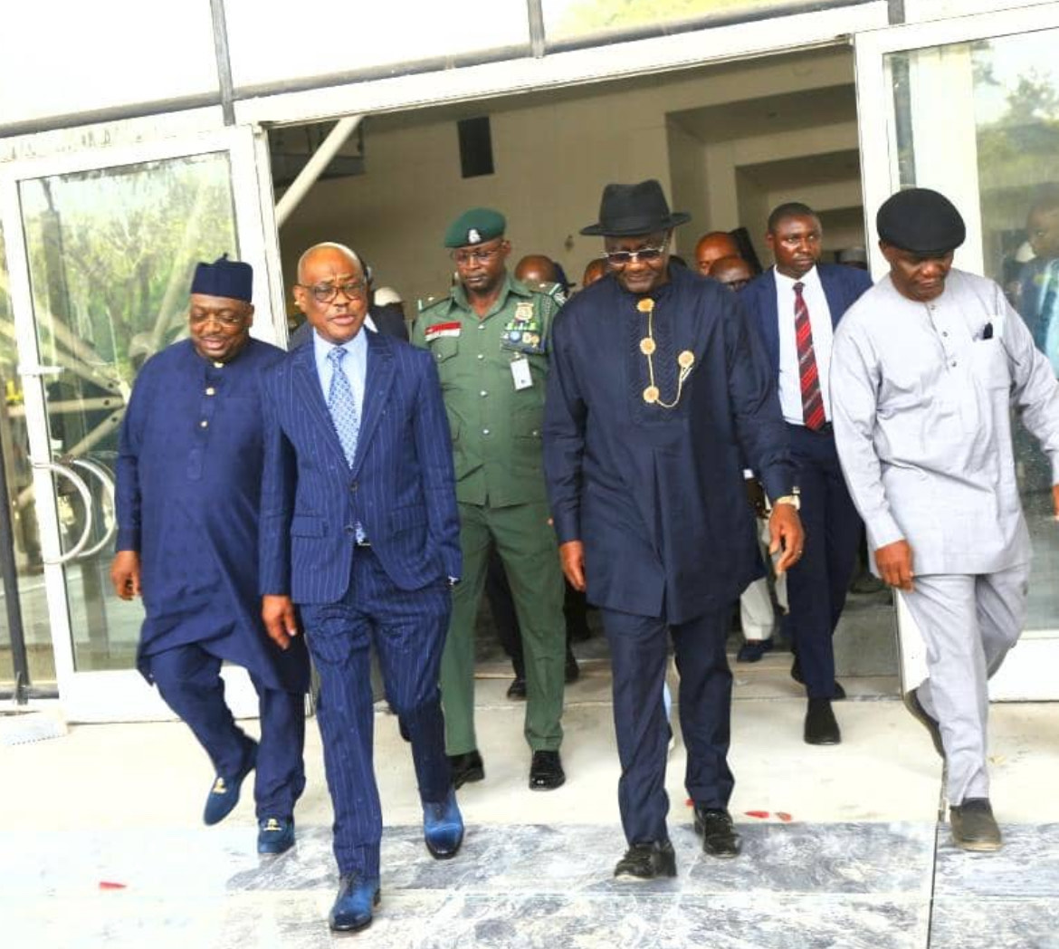 L-R: Philip Aduda, FCT Minister Nyesom Wike,  Magnus Abe and Ag ES, FCDA, Richard Dauda during the inspection of renovation works at the International Conference centre Abuja on Wednesday