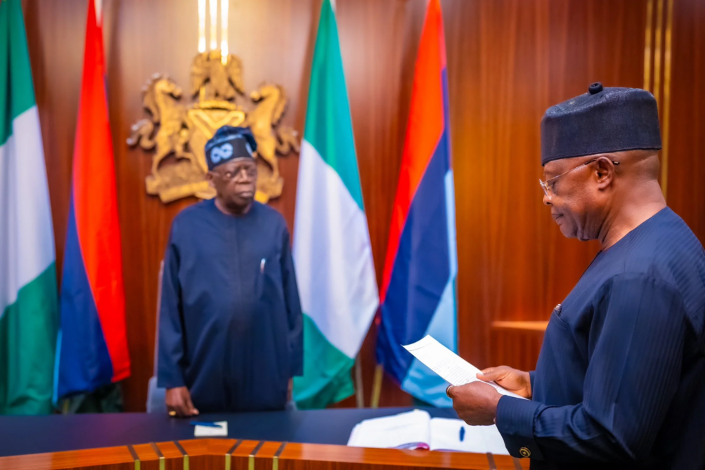 President Bola Tinubu swearing in the sole administrator of Rivers State, Vice Admiral Ibok-Ete Ibas (retd), into office