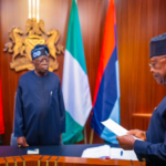 President Bola Tinubu swearing in the sole administrator of Rivers State, Vice Admiral Ibok-Ete Ibas (retd), into office