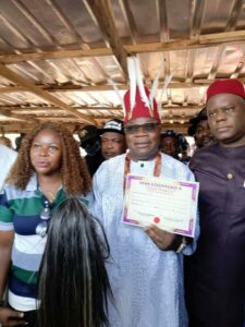 Igwe Elect Emelobe witth Perm Sec Nwabufo and LG Chairman Obi