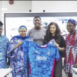 LOTUS Bank Managing Director Kafilat Araoye presented with an Inter Lagos jersey by executives of the club led by Lanre Vigo (far right) during the partnership agreement.