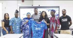 LOTUS Bank Managing Director Kafilat Araoye presented with an Inter Lagos jersey by executives of the club led by Lanre Vigo (far right) during the partnership agreement.