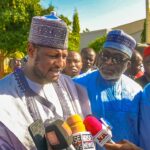 Katsina State Governor,  Dikko Umar Radda, with founder, United Nigeria Airlines (UNA), Prof Obiora Okonkwo, during the inaugural flight of UNA to Katsina