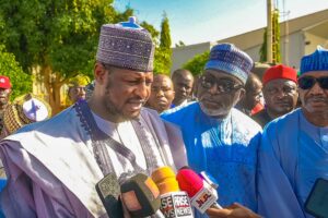 Katsina State Governor,  Dikko Umar Radda, with founder, United Nigeria Airlines (UNA), Prof Obiora Okonkwo, during the inaugural flight of UNA to Katsina