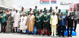 Front row: Commissioner, Political Affairs, Peace and Security, ECOWAS Commission, Abdel-Fatau Musah (4th L); Chief of Defence Staff, Gen. Christopher Musa; Minister of Defence, Mohammed Abubakar (5th L); Chief of Army Staff, Gen. Olufemi Oluyede (4th R); Chief of the Naval Staff, Vice Adm. Ikechukwu Ogalla (3rd R); Chief of Air Staff, Air Marshal Hassan Abubakar (2nd R) and IGP Kayode Agbetukun (R), during the 43rd Ordinary meeting of the ECOWAS Committee of Chiefs of Defence Staff in Abuja on Tuesday (11/3/25). 0112/MARCH/11/3/2025/Johnson Udeani/NAN