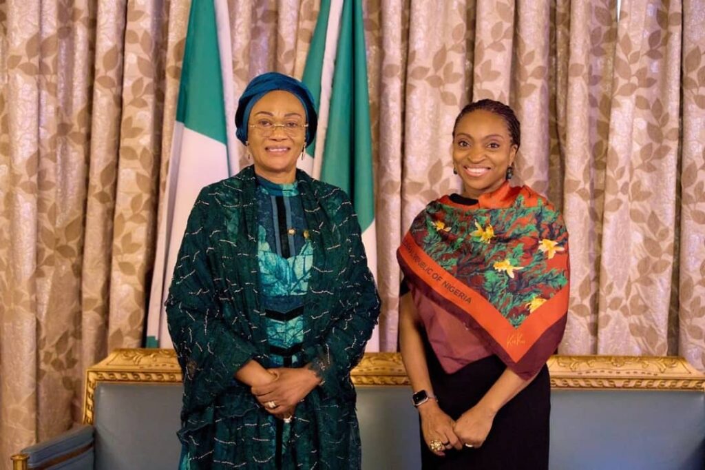 The First Lady of Nigeria, Oluremi Tinubu, with the Honorable Minister of Trade and Investments, Jumoke Oduwole when the Minister paid a courtesy visit to the First Lady at the State House, Abuja on Tuesday 18th March, 2025