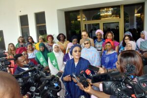 First Lady of Nigeria, Oluremi Tinubu; Wife of the Vice President and National Vice Chairman, RHI Hajia Nana Shettima; Wife of the Chief of Staff to the PresidentMrs. Salamatu Gbajabiamila, (m), in A group-photographs with Wives of Governors , during the 1st Quarter High Level Meeting with State First Ladies/RHI Coordinators, held at State House, Abuja Thursday