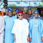 Vice President Kashim Shettima (middle); National Security Adviser, Nuhu Ribadu (2nd from right); National Coordinator of the National Counter Terrorism Centre (NCTC), Office of the National Security Adviser, Major General Adamu Laka (far right); Minister of Humanitarian Affairs and Poverty Reduction, Professor Nentawe Yilwatda (2nd from left) and United Nations Resident and Humanitarian Coordinator for Nigeria, Mohamed Malick Fall (far left) during the Validation Workshop on Framework for the Anticipatory Action for Nigeria at the National Counter Terrorism Centre (NCTC), Office of the National Security Adviser in Abuja on Wednesday (16/04/2025)