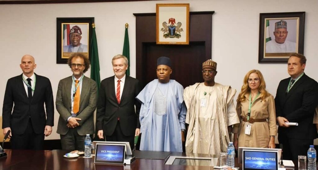 Vice President Kashim Shettima (M), EU Ambassador to Nigeria and ECOWAS, Gautier Mignot (3rd-L), Minister of Livestock Development, Idi Mukhtar Maiha (3rd-R) and others during EU Ambassador’s meeting with the Vice President at the Presidential Villa in Abuja on Tuesday (29/04/2025).