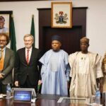 Vice President Kashim Shettima (M), EU Ambassador to Nigeria and ECOWAS, Gautier Mignot (3rd-L), Minister of Livestock Development, Idi Mukhtar Maiha (3rd-R) and others during EU Ambassador’s meeting with the Vice President at the Presidential Villa in Abuja on Tuesday (29/04/2025).