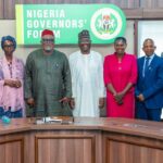 L-R; Senior Agric Adviser, Nigeria Governors’ Forum, Professor Abba Gambo; Head HR, NGF, Auwa Aliru; Executive Secretary of the Nigerian Press Council (NPC), Dili Ezughah; (middle) – Director General Nigeria Governors’ Forum, Abdulateef Shittu and other members of staff of the Nigerian Press Council at the courtesy visit to the NGF Secretariat on Thursday, April 17, 2025