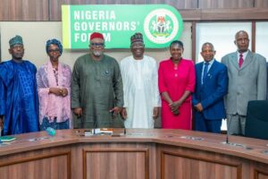 L-R; Senior Agric Adviser, Nigeria Governors’ Forum, Professor Abba Gambo; Head HR, NGF, Auwa Aliru; Executive Secretary of the Nigerian Press Council (NPC), Dili Ezughah; (middle) – Director General Nigeria Governors’ Forum, Abdulateef Shittu and other members of staff of the Nigerian Press Council at the courtesy visit to the NGF Secretariat on Thursday, April 17, 2025