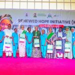 First Lady of Nigeria, Oluremi Tinubu (m), wife of Vice President, Nana Kashim Shettima, Governor of Taraba State, Agbu Kefas and his wife, Coordinating Minister for Health and Social Welfare, Ali Pate with some of the nurses and midwives at flag off of the distribution of Professional kits to midwives provided by the Renewed Hope Initiative (RHI) in the North East Geopolitical Zone of Nigeria