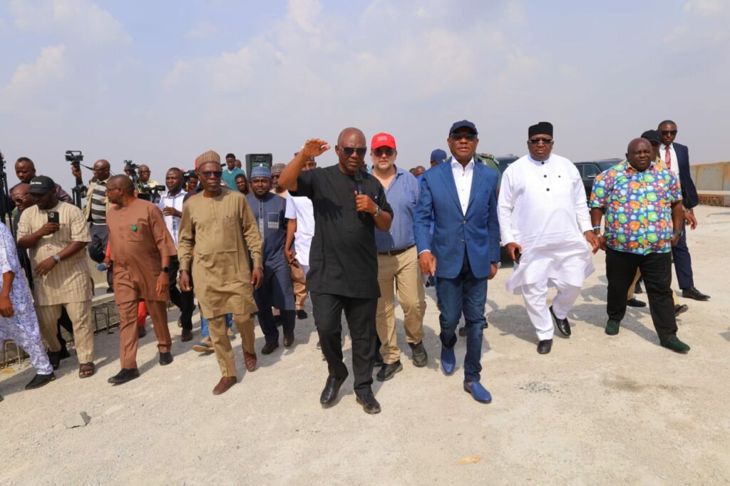 FCT Minister Nyesom Wike  (in blue jacket) inspecting an going work at the new Court of Appeal complex, Abuja division in Dakibiyu on Wednesday