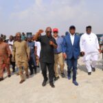 FCT Minister Nyesom Wike  (in blue jacket) inspecting an going work at the new Court of Appeal complex, Abuja division in Dakibiyu on Wednesday