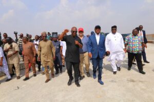 FCT Minister Nyesom Wike  (in blue jacket) inspecting an going work at the new Court of Appeal complex, Abuja division in Dakibiyu on Wednesday