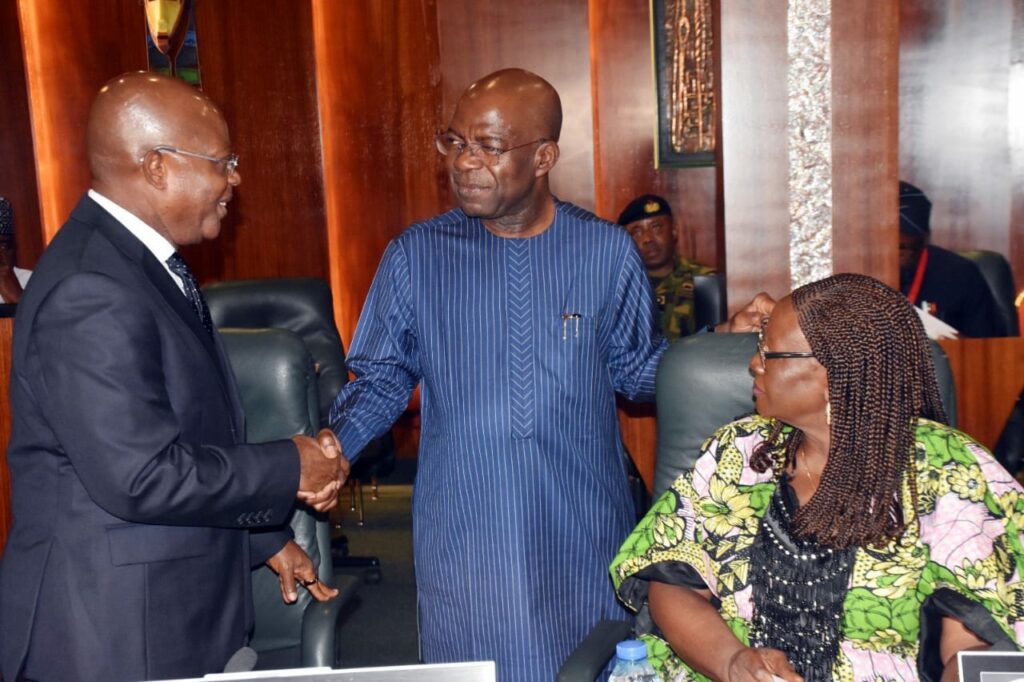 From L-R: Sole Administrator Rivers State, retired Vice Admiral Ibok-Eke Ibas; Gov Alex Otti of Abia State and Deputy Governor of Plateau State, Mrs Josephine Piyo during National Economic Council meeting at the Presidential Villa in Abuja on Thursday (24/4/25)