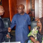 From L-R: Sole Administrator Rivers State, retired Vice Admiral Ibok-Eke Ibas; Gov Alex Otti of Abia State and Deputy Governor of Plateau State, Mrs Josephine Piyo during National Economic Council meeting at the Presidential Villa in Abuja on Thursday (24/4/25)