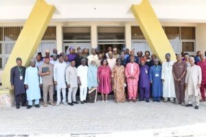Head of the Civil Service of the Federation (HCSF), Didi Walson-Jack,  (M) in a group photograph with participants at the Opening Ceremony of the 12th Batch of the Mandatory Training Programme for Chief Executive Officers of Federal Government Parastatals and Agencies